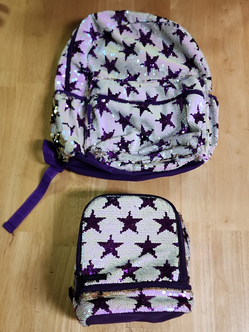 Accessory Innovations Kids Purple Reversible Sequin Star Backpack & Lunchbox Set